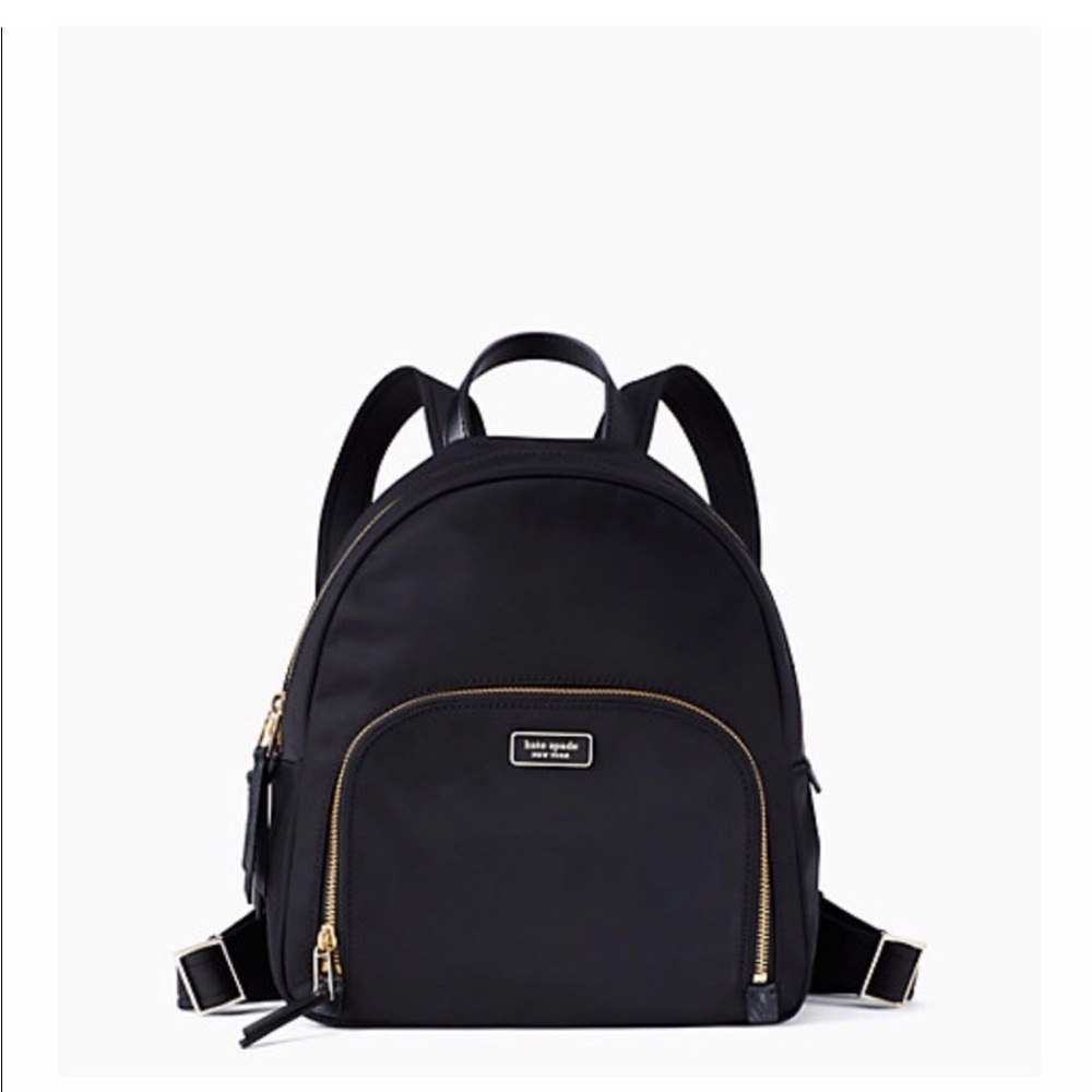Classic Kate Spade Dawn Black Nylon bag backpack with Gold Logo and zippers